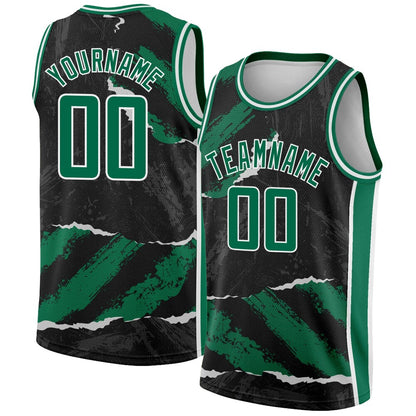 Custom Black Kelly Green-White 3D Pattern Design Torn Paper Style High-quality Basketball Jersey