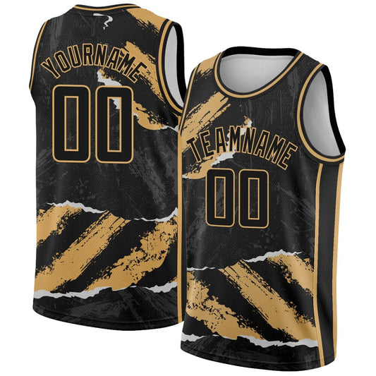 Custom Black Old Gold 3D Pattern Design Torn Paper Style High-quality Basketball Jersey