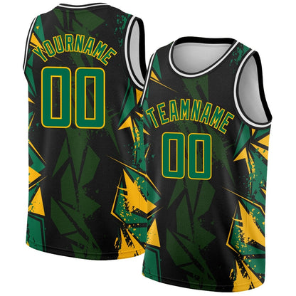 Custom Black Kelly Green-Gold 3D Pattern Design Geometric Shapes High-quality Basketball Jersey