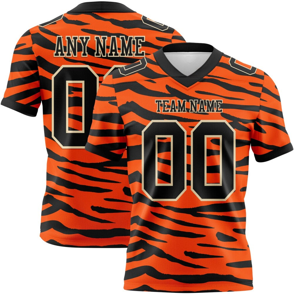 Custom Orange Black-Cream 3D Pattern Tiger Print High-quality Football Jersey
