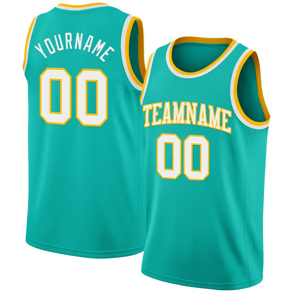 Custom Aqua White-Gold High-quality Basketball Jersey