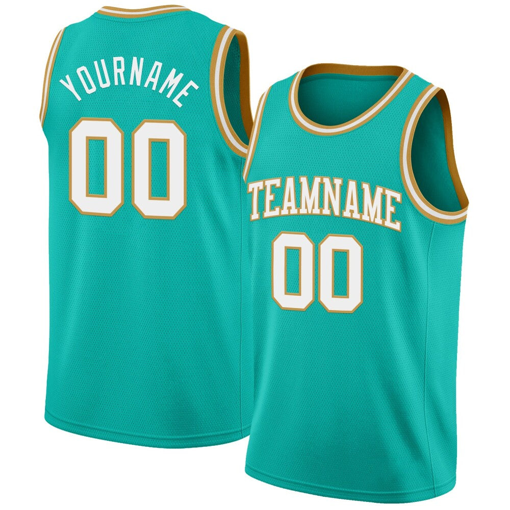 Custom Aqua White-Old Gold High-quality Basketball Jersey