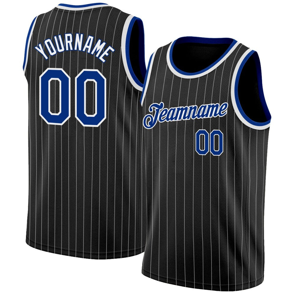 Custom Black White Pinstripe Royal-White High-quality Basketball Jersey