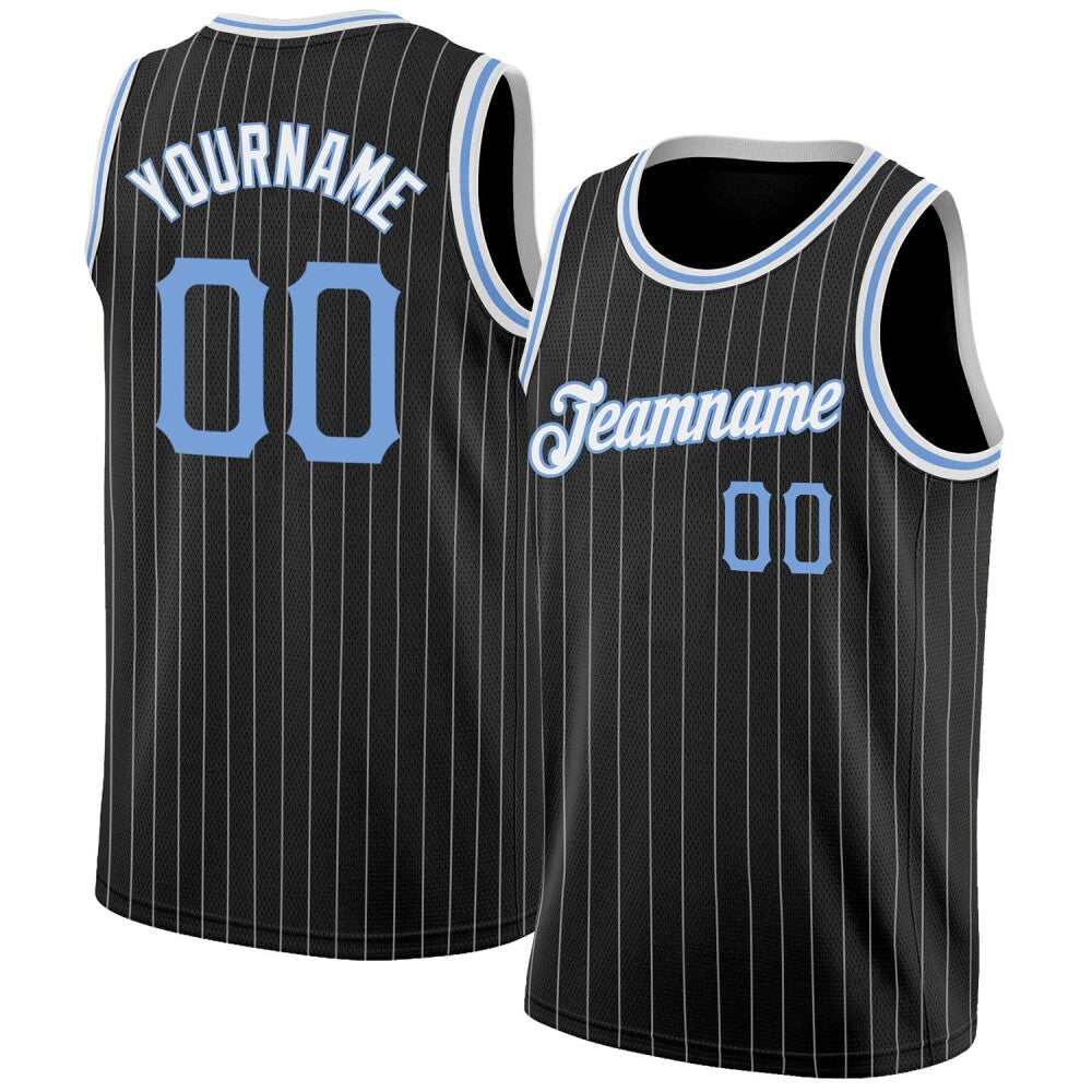 Custom Black White Pinstripe Light Blue-White High-quality Basketball Jersey