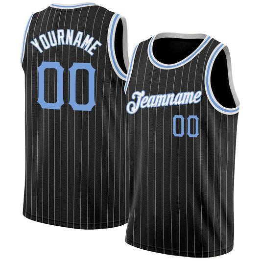Custom Black White Pinstripe Light Blue-White High-quality Basketball Jersey