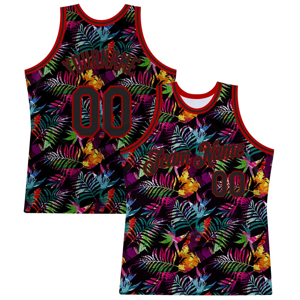 Custom Black Black-Red 3D Pattern Tropical Hawaii Palm Leaves High-quality Basketball Jersey
