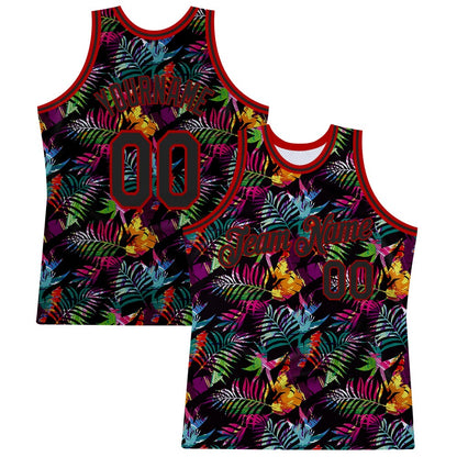 Custom Black Black-Red 3D Pattern Tropical Hawaii Palm Leaves High-quality Basketball Jersey