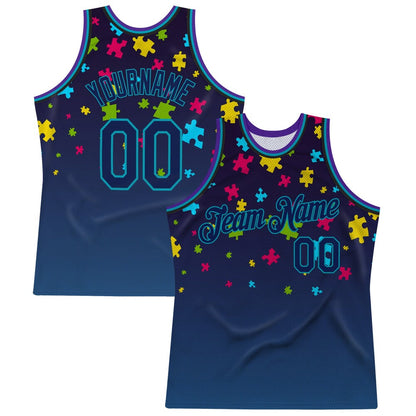 Custom Black Navy-Teal 3D Pattern Design Autism Supporter Awareness Puzzle Pieces High-quality Basketball Jersey