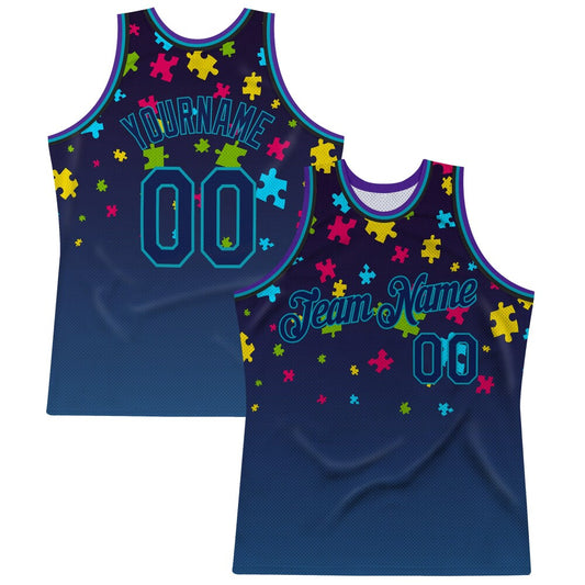 Custom Black Navy-Teal 3D Pattern Design Autism Supporter Awareness Puzzle Pieces High-quality Basketball Jersey
