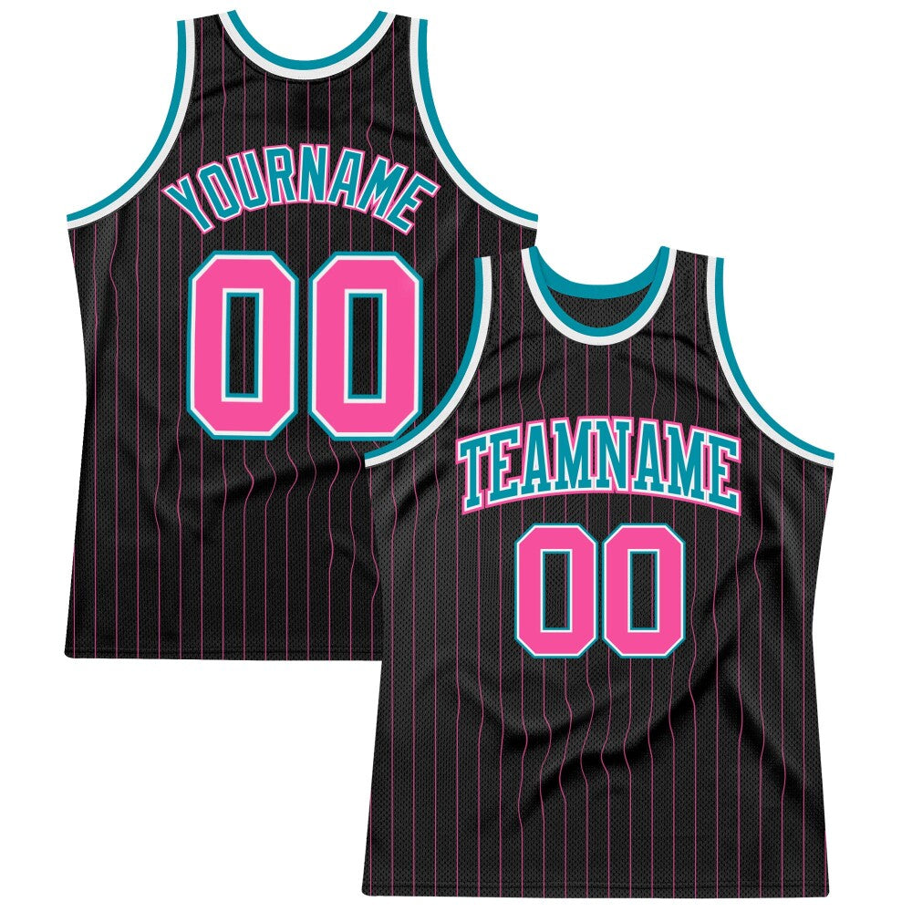 Custom Black Pink Pinstripe Pink-Teal High-quality Basketball Jersey