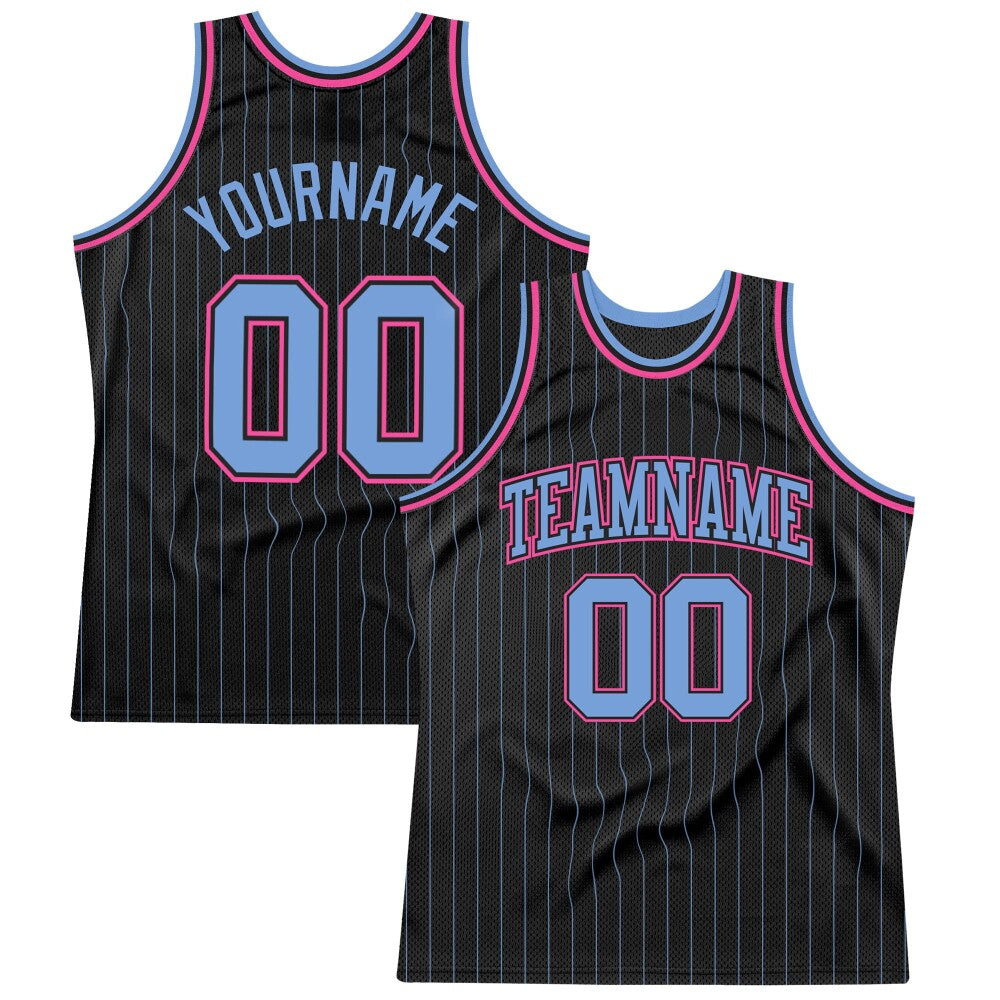 Custom Black Light Blue Pinstripe Light Blue-Pink High-quality Basketball Jersey
