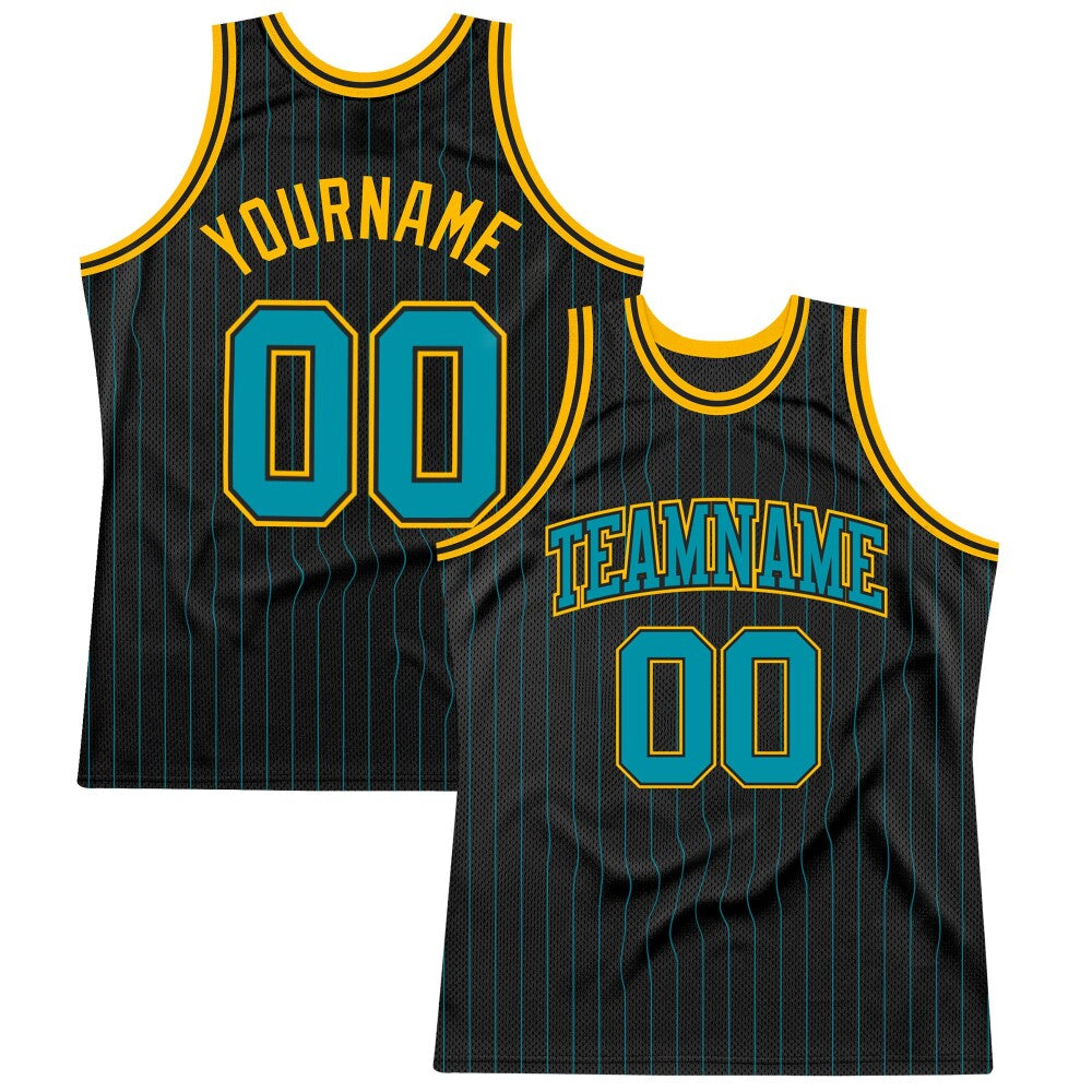 Custom Black Teal Pinstripe Teal-Gold High-quality Basketball Jersey