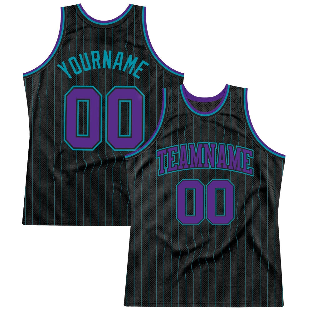 Custom Black Teal Pinstripe Purple-Teal High-quality Basketball Jersey