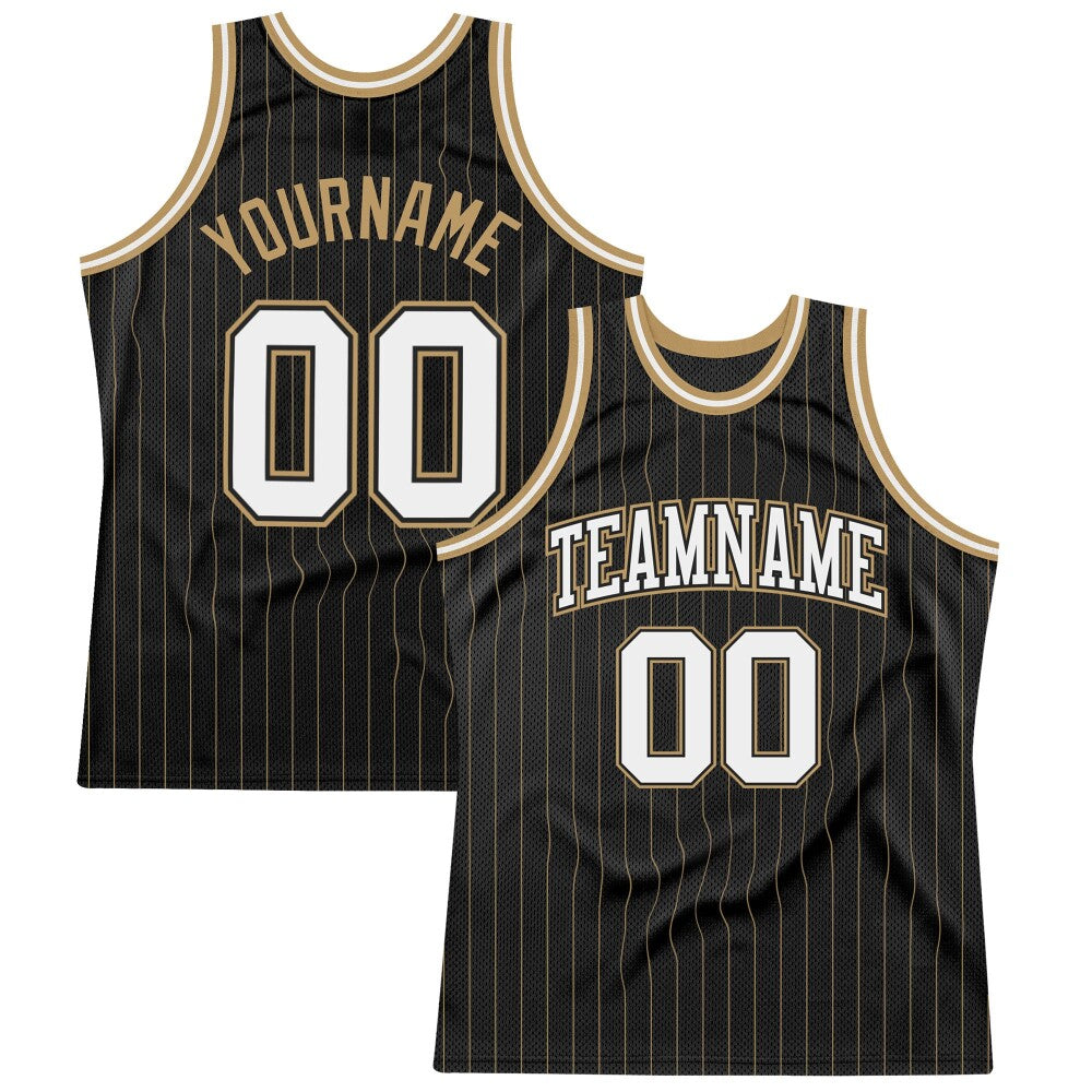 Custom Black Old Gold Pinstripe White-Old Gold High-quality Basketball Jersey