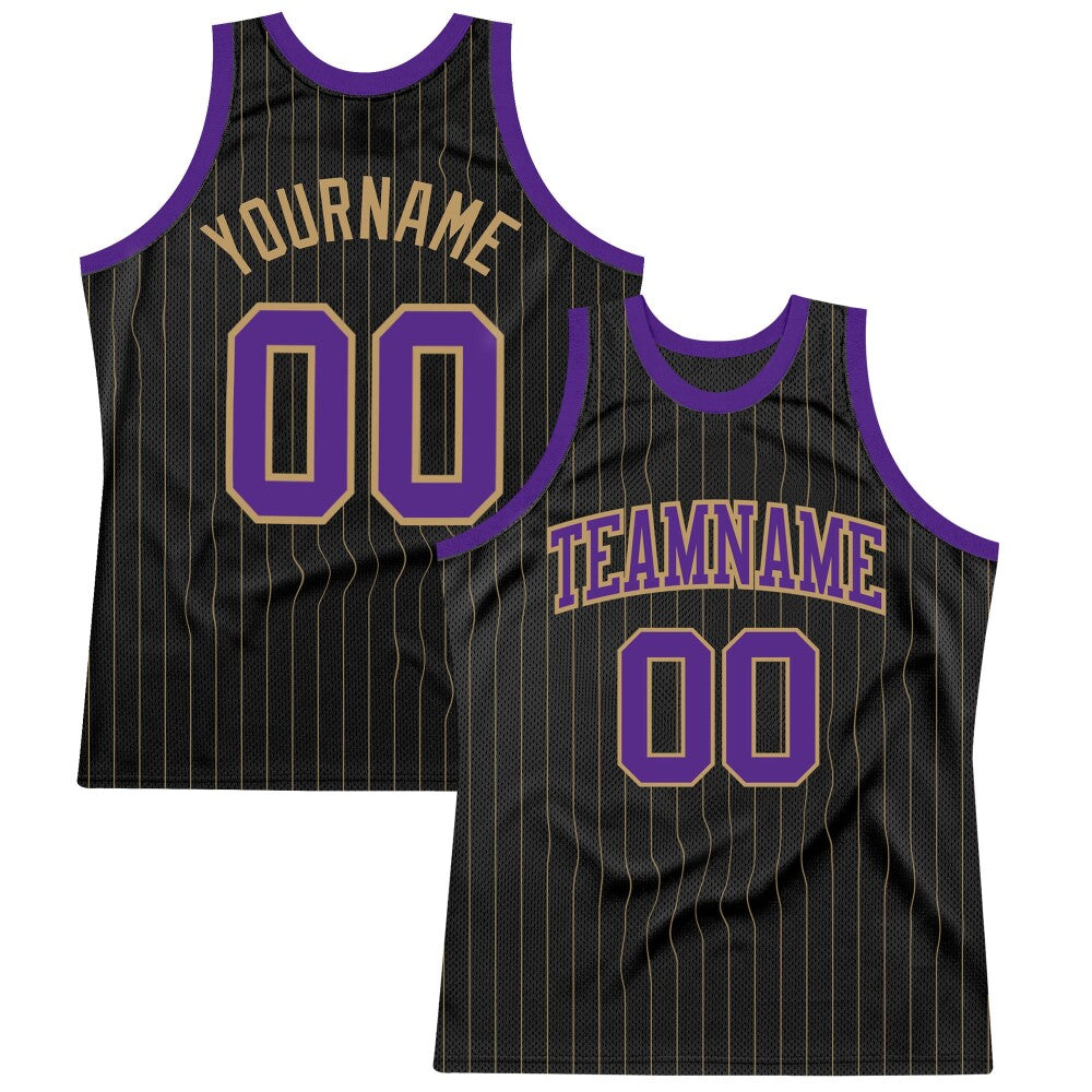 Custom Black Old Gold Pinstripe Purple-Old Gold High-quality Basketball Jersey