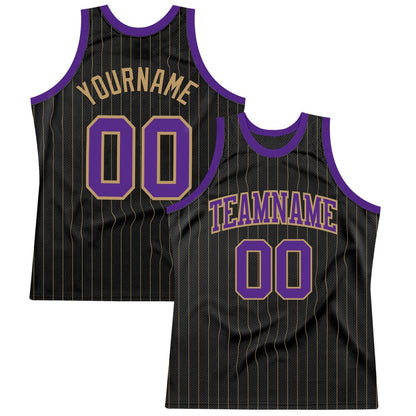 Custom Black Old Gold Pinstripe Purple-Old Gold High-quality Basketball Jersey