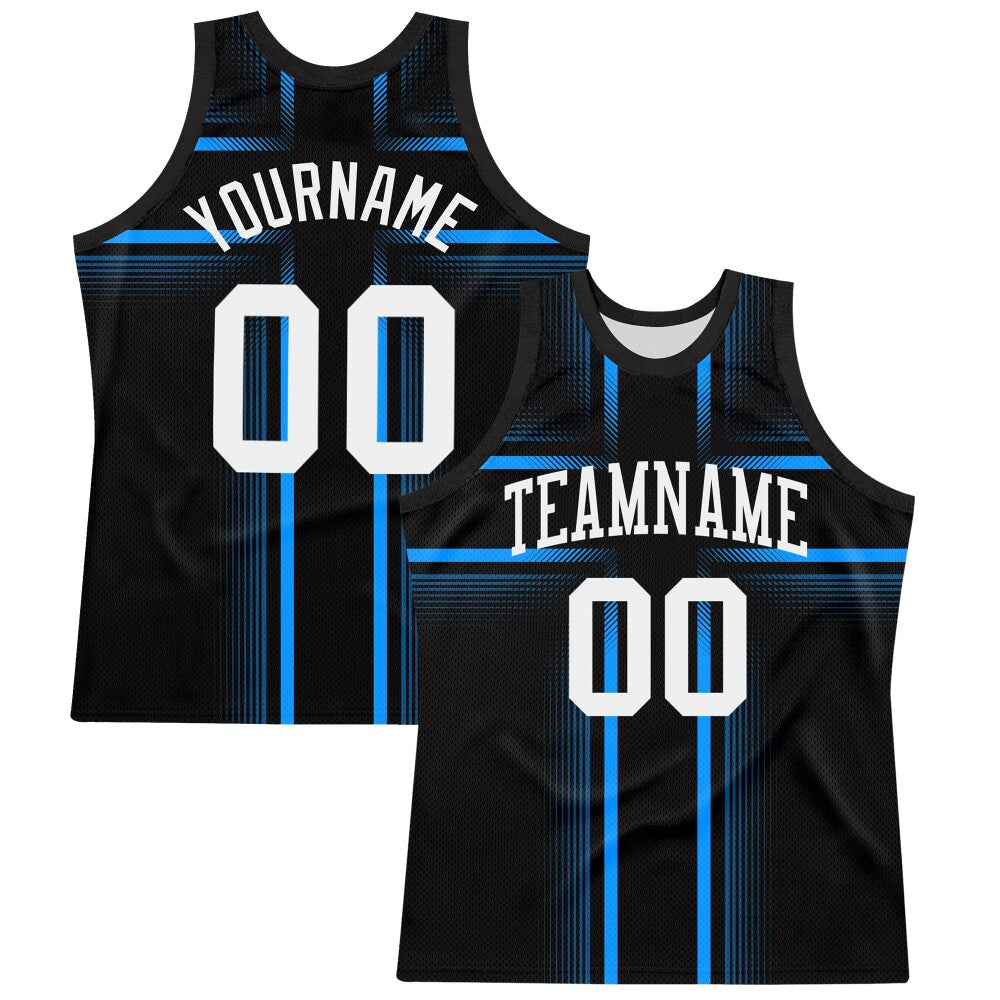 Custom Black White-Light Blue Line Round Neck Sublimation Basketball Set Jersey