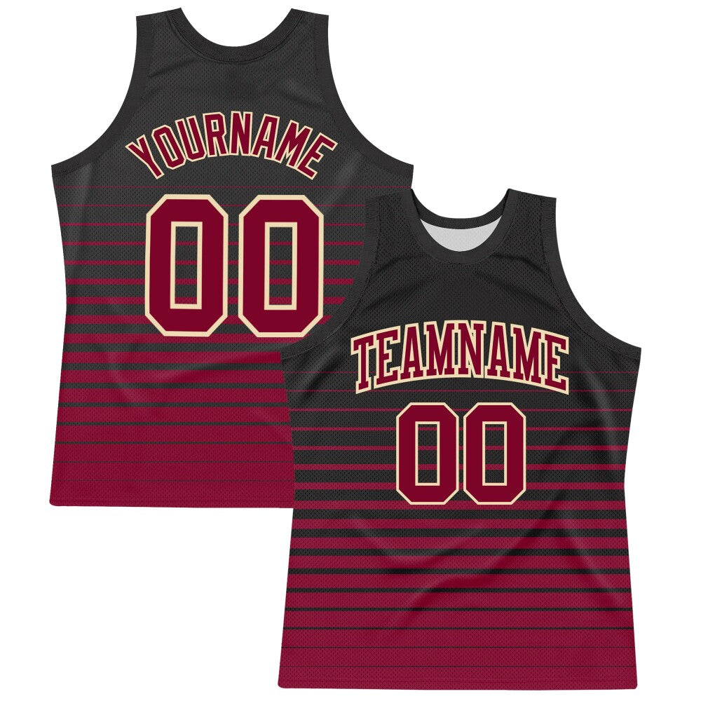 Custom Black Maroon-Cream Pinstripe Fade Fashion Round Neck Sublimation Basketball Set Jersey