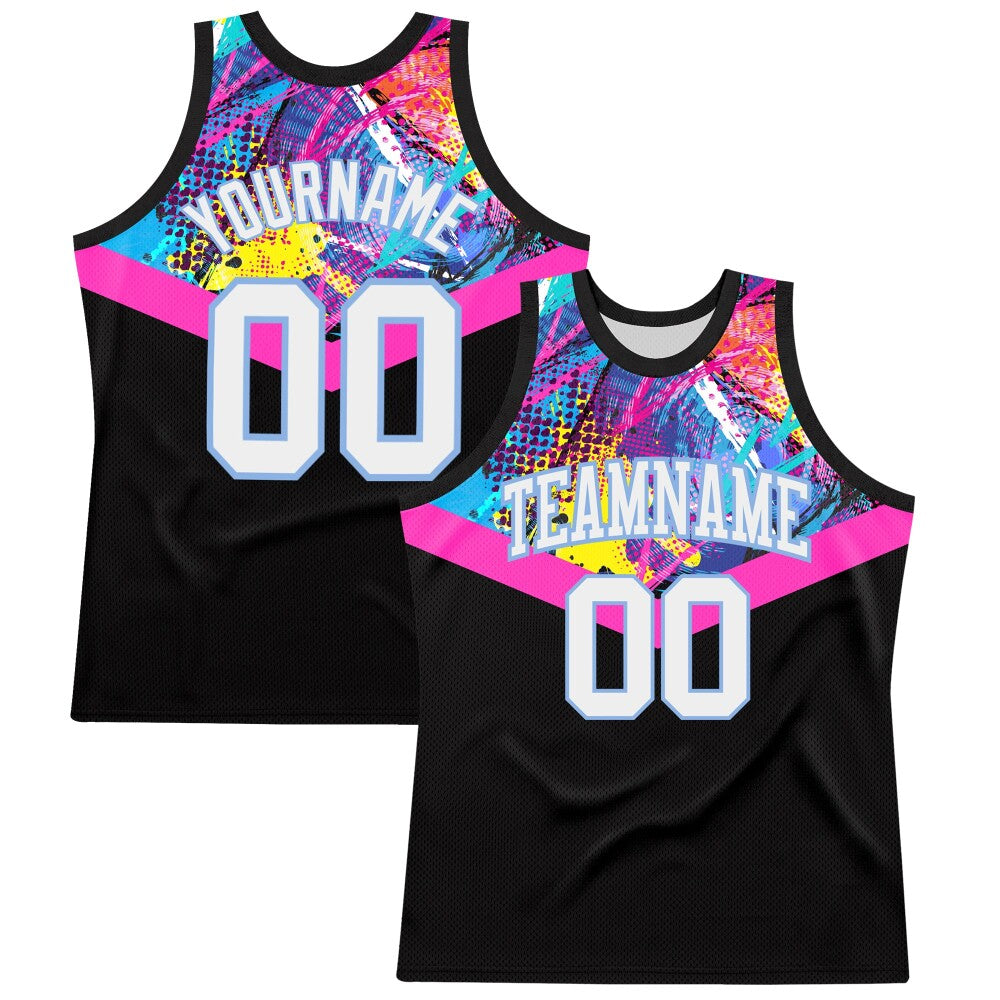 Custom Black White Pink-Light Blue Splash Round Neck Sublimation Basketball Set Jersey
