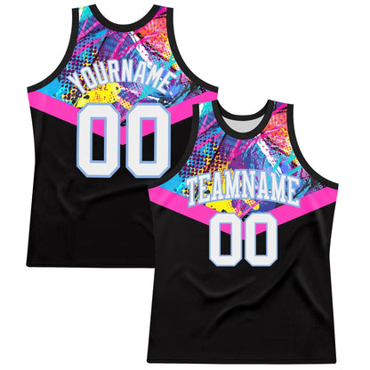 Custom Black White Pink-Light Blue Splash Round Neck Sublimation Basketball Set Jersey