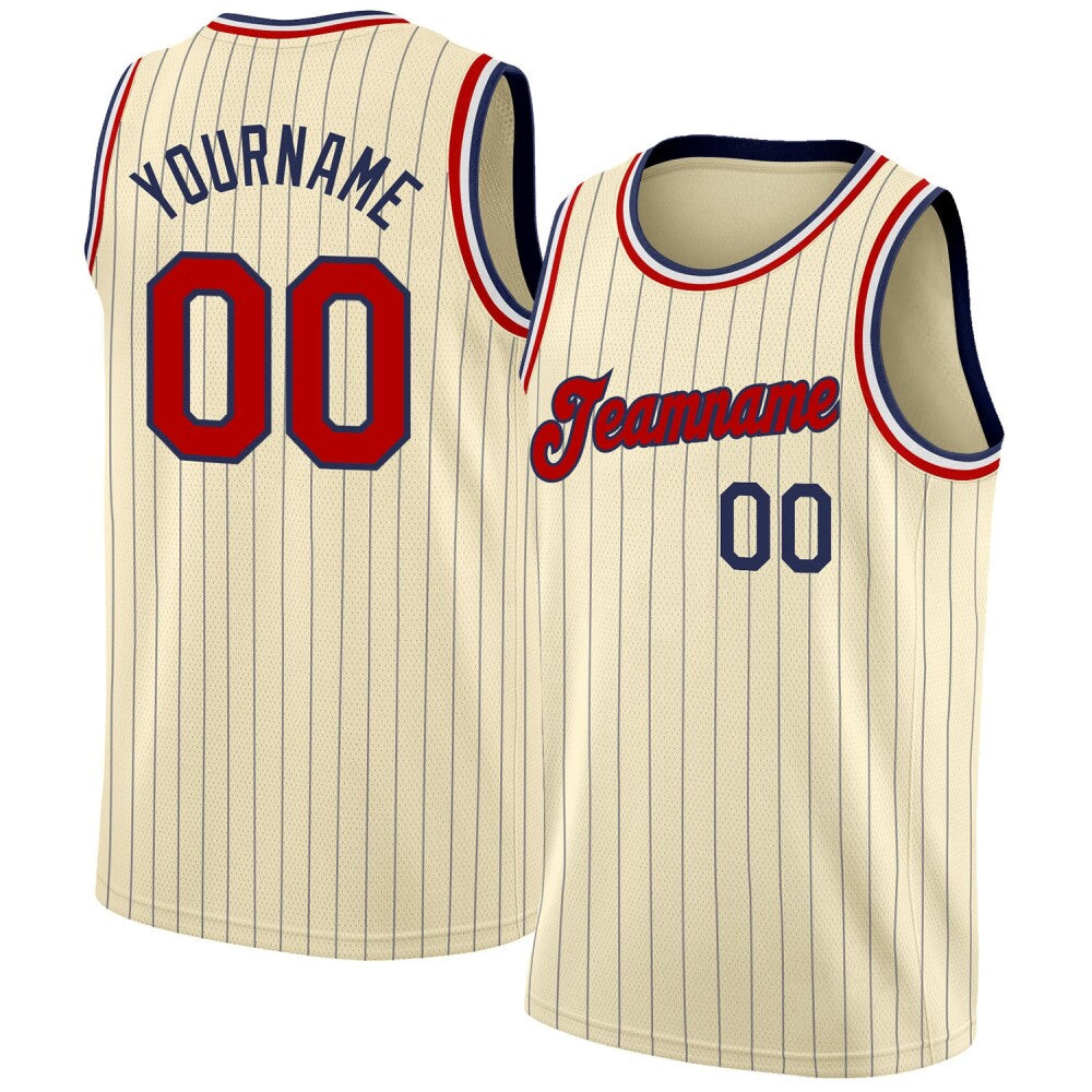 Custom Cream Navy Pinstripe Red-Black High-quality Basketball Jersey
