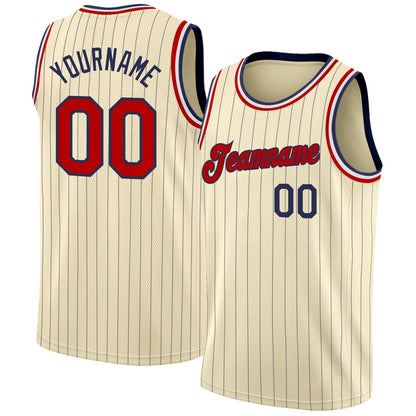Custom Cream Navy Pinstripe Red-Black High-quality Basketball Jersey