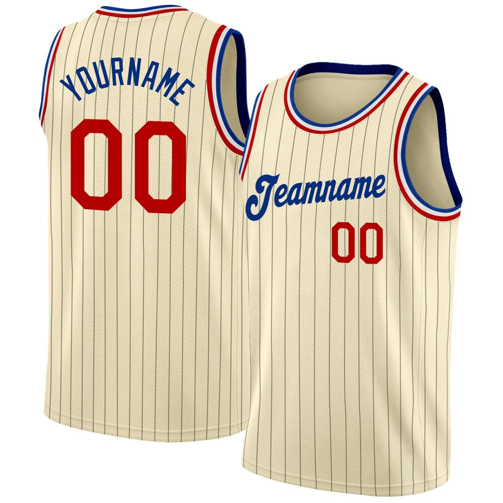 Custom Cream Black Pinstripe Red-Royal High-quality Basketball Jersey