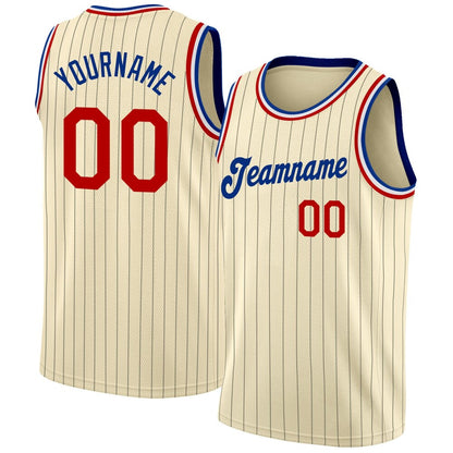 Custom Cream Black Pinstripe Red-Royal High-quality Basketball Jersey