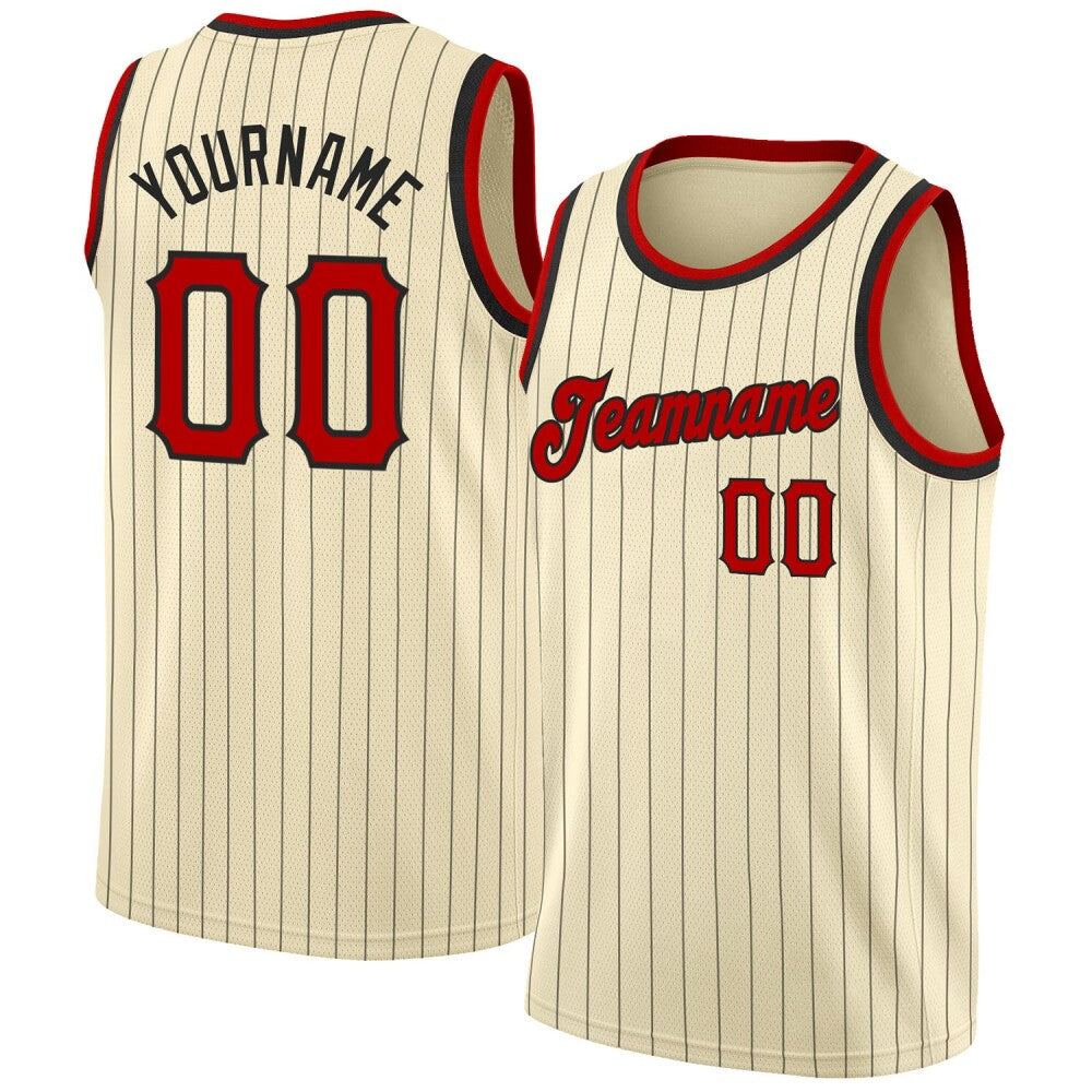 Custom Cream Black Pinstripe Red-Black High-quality  Basketball Jersey