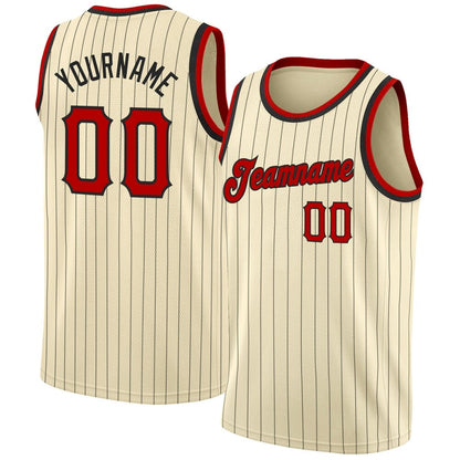 Custom Cream Black Pinstripe Red-Black High-quality  Basketball Jersey