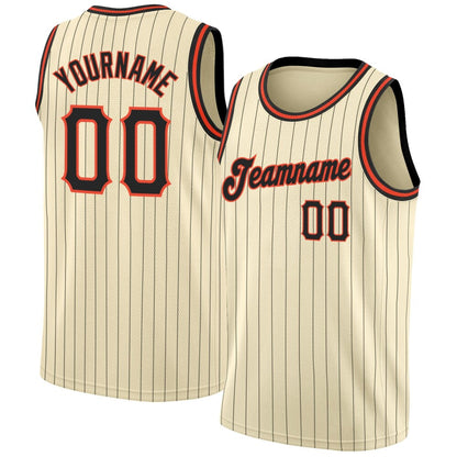 Custom Cream Black Pinstripe Black-Orange High-quality Basketball Jersey