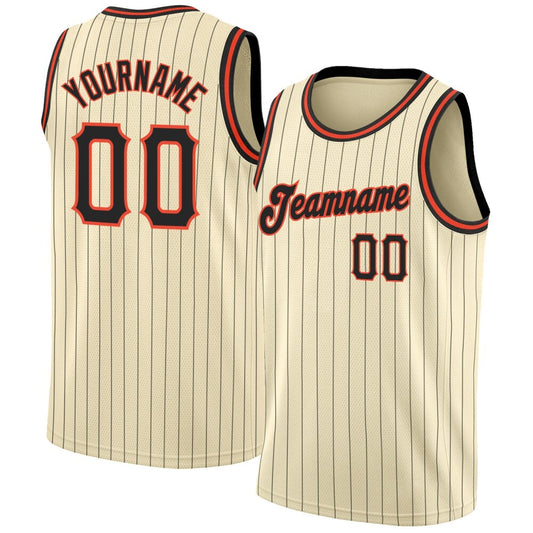 Custom Cream Black Pinstripe Black-Orange High-quality Basketball Jersey