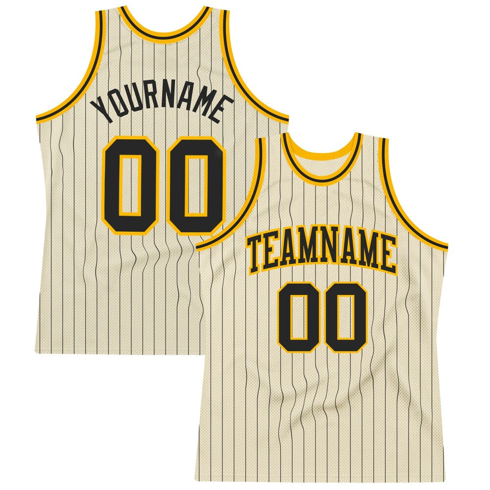 Custom Cream Black Pinstripe Black-Gold High-quality Basketball Jersey