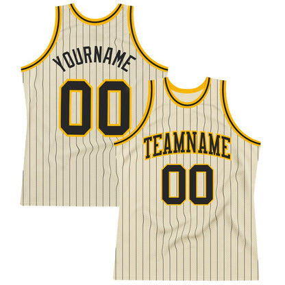 Custom Cream Black Pinstripe Black-Gold High-quality Basketball Jersey