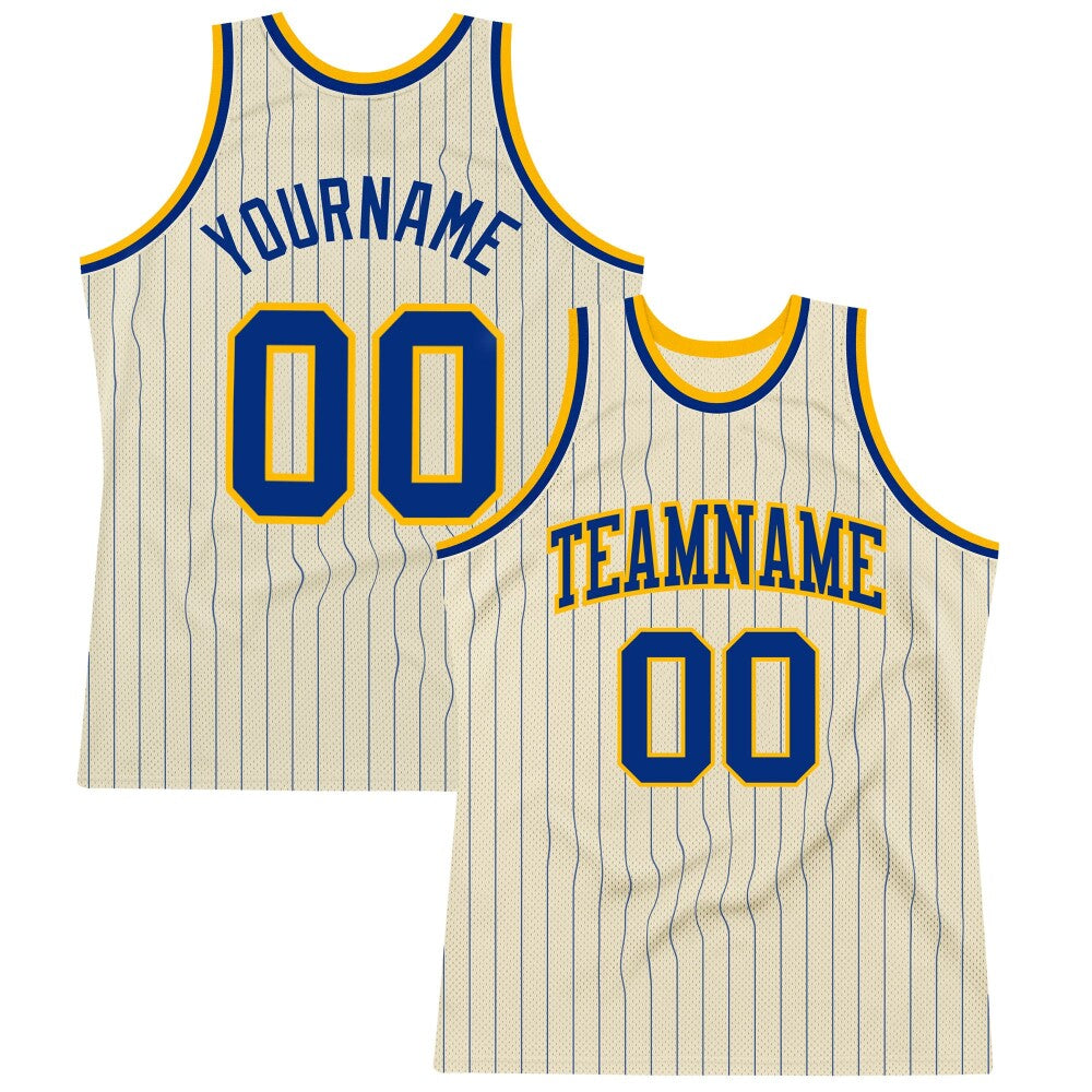 Custom Cream Royal Pinstripe Royal-Gold High-quality Basketball Jersey