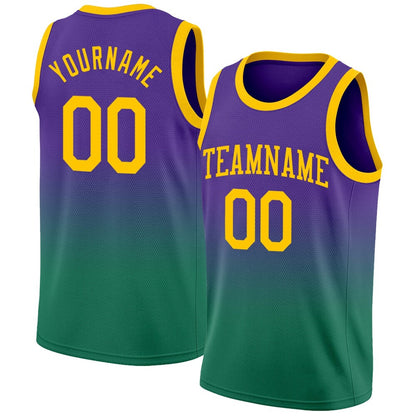 Custom Purple Gold-Kelly Green High-quality Fade Fashion Basketball Jersey