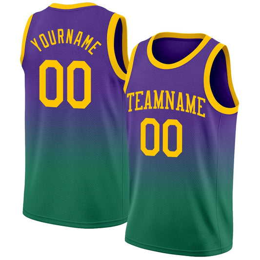 Custom Purple Gold-Kelly Green High-quality Fade Fashion Basketball Jersey