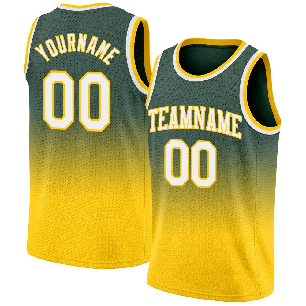 Custom Hunter Green White-Gold High-quality Fade Fashion Basketball Jersey