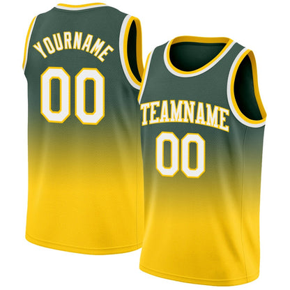 Custom Hunter Green White-Gold High-quality Fade Fashion Basketball Jersey