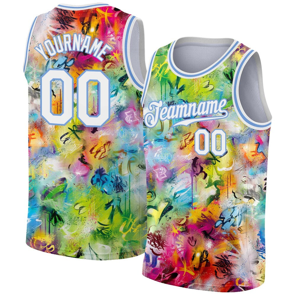 Custom Scratch Graffiti Pattern White-Light Blue 3D High-quality Basketball Jersey