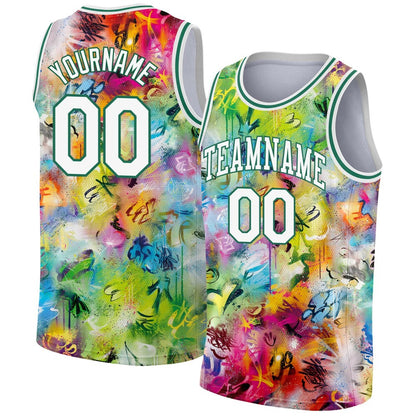 Custom Scratch Graffiti Pattern White-Kelly Green 3D High-quality Basketball Jersey