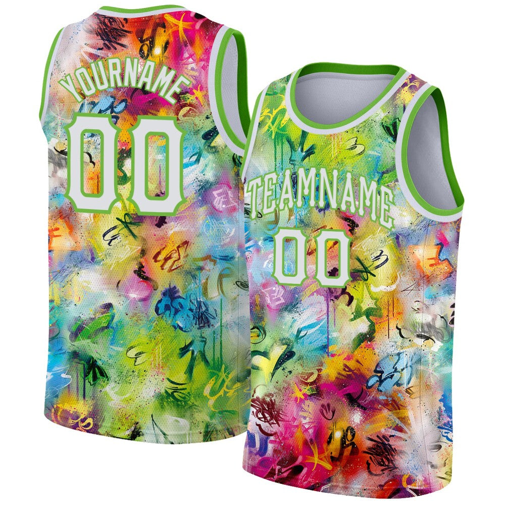 Custom Scratch Graffiti Pattern White-Neon Green 3D High-quality Basketball Jersey