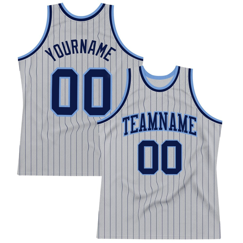 Custom Gray Navy Pinstripe Navy-Light Blue High-quality Basketball Jersey