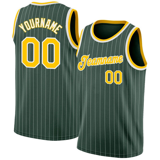 Custom Hunter Green White Pinstripe Gold-White High-quality Basketball Jersey