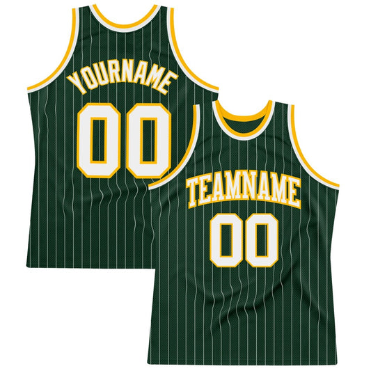 Custom Hunter Green White Pinstripe White-Gold High-quality Basketball Jersey
