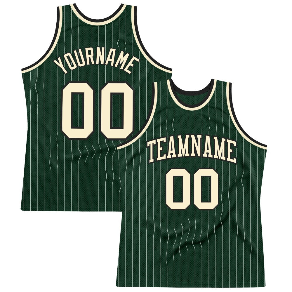 Custom Hunter Green White Pinstripe Cream-Black High-quality Basketball Jersey