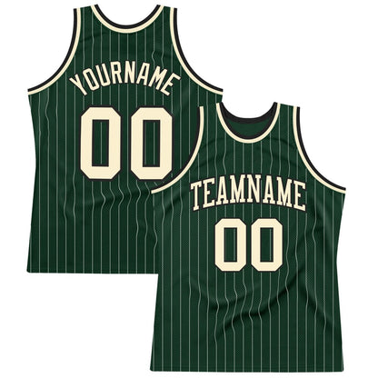 Custom Hunter Green White Pinstripe Cream-Black High-quality Basketball Jersey