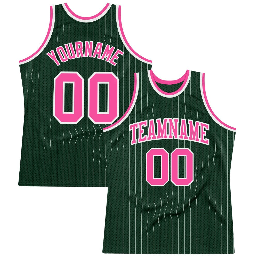 Custom Hunter Green White Pinstripe Pink High-quality Basketball Jersey