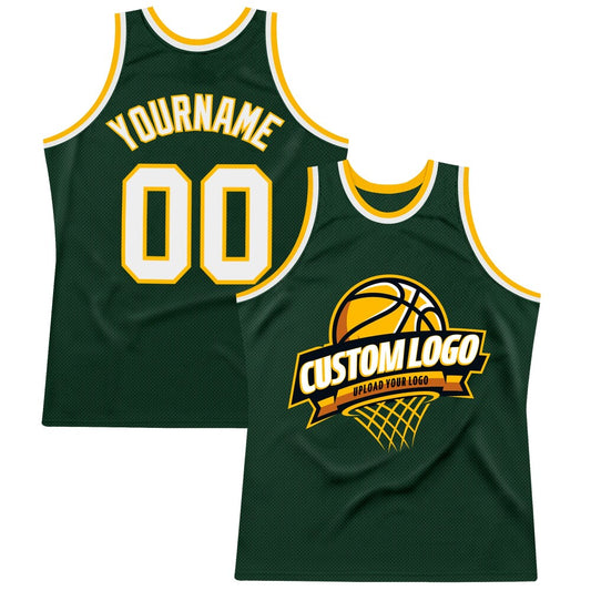 Custom Hunter Green White-Gold High-quality Throwback Basketball Jersey