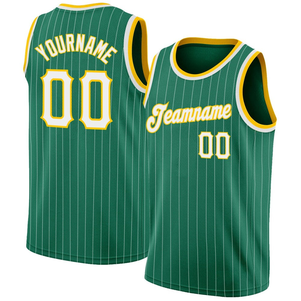 Custom Kelly Green White Pinstripe White-Gold High-quality Basketball Jersey